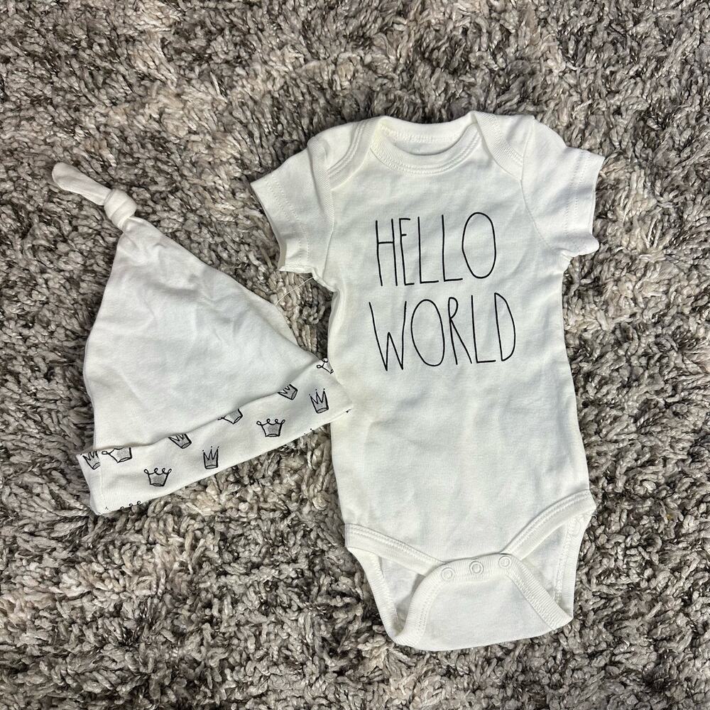 Rae Dunn Hello World Onesie Bodysuit Hat Set Baby Boy Girl 3-6 Months